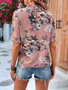 SHEIN LUNE Floral Print Frill Trim Mock Neck Blouse - Pink - View 2