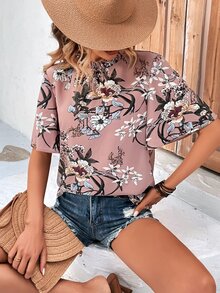 SHEIN LUNE Floral Print Frill Trim Mock Neck Blouse - Pink - View 3