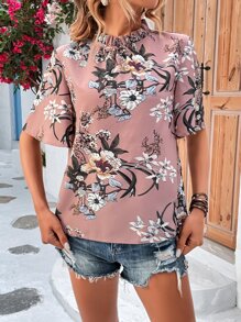 SHEIN LUNE Floral Print Frill Trim Mock Neck Blouse - Pink - View 5