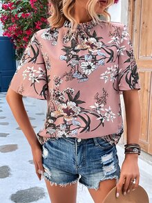 SHEIN LUNE Floral Print Frill Trim Mock Neck Blouse - Pink - View 6
