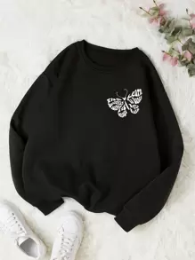 SHEIN EZwear Slogan & Butterfly Print Thermal Lined Sweatshirt - Black - View 1