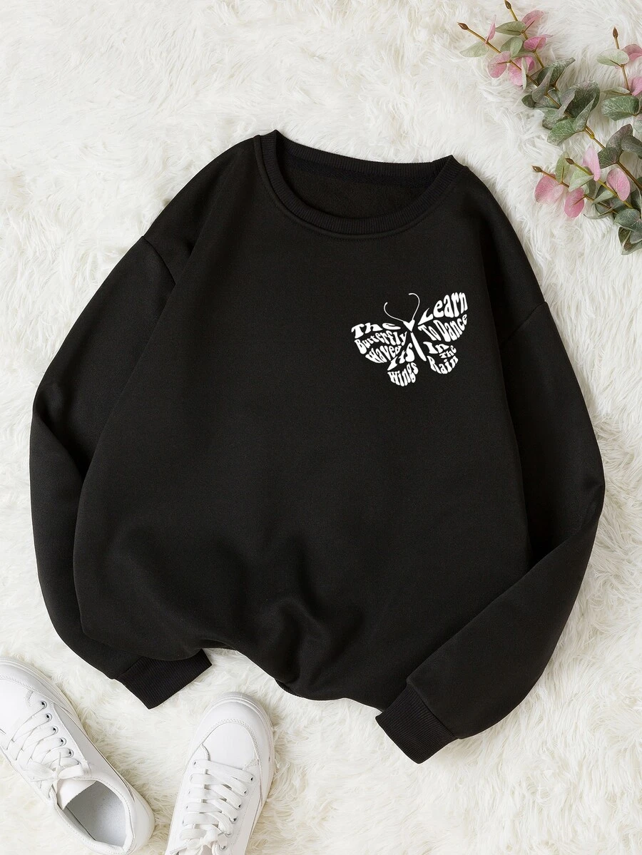 SHEIN EZwear Slogan & Butterfly Print Thermal Lined Sweatshirt - Black - View 1