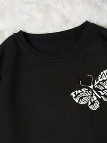 SHEIN EZwear Slogan & Butterfly Print Thermal Lined Sweatshirt - Black - View 6