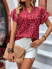 SHEIN VCAY Allover Print Ruffle Trim Layered Sleeve Blouse - Red - View 5