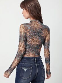 SHEIN MOD Sun & Moon Print Lettuce Trim Mock Neck Crop Top - Multicolor - View 6