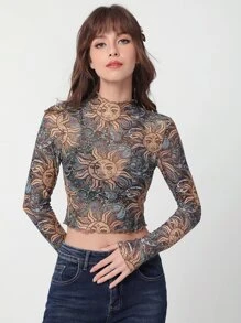 SHEIN MOD Sun & Moon Print Lettuce Trim Mock Neck Crop Top - Multicolor - View 3