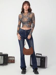 SHEIN MOD Sun & Moon Print Lettuce Trim Mock Neck Crop Top - Multicolor - View 5