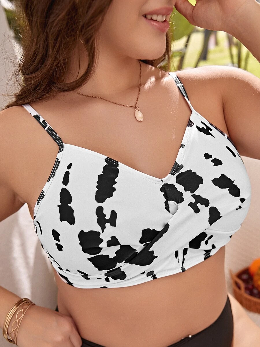 SHEIN Swim Curve Plus Size Tie Dye Knot Backless Bikini Top, For Summer Beach Vacation - Black and White - View 1