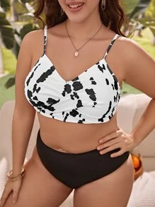 SHEIN Swim Curve Plus Size Tie Dye Knot Backless Bikini Top, For Summer Beach Vacation - Black and White - View 4
