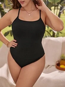 SHEIN Swim Curve Plus Lace Up Back One Piece Swimsuit - Black - View 1