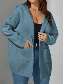 大码女式休闲字母图案落肩连帽开衫，冬季 - 霧霾藍 - 查看 5