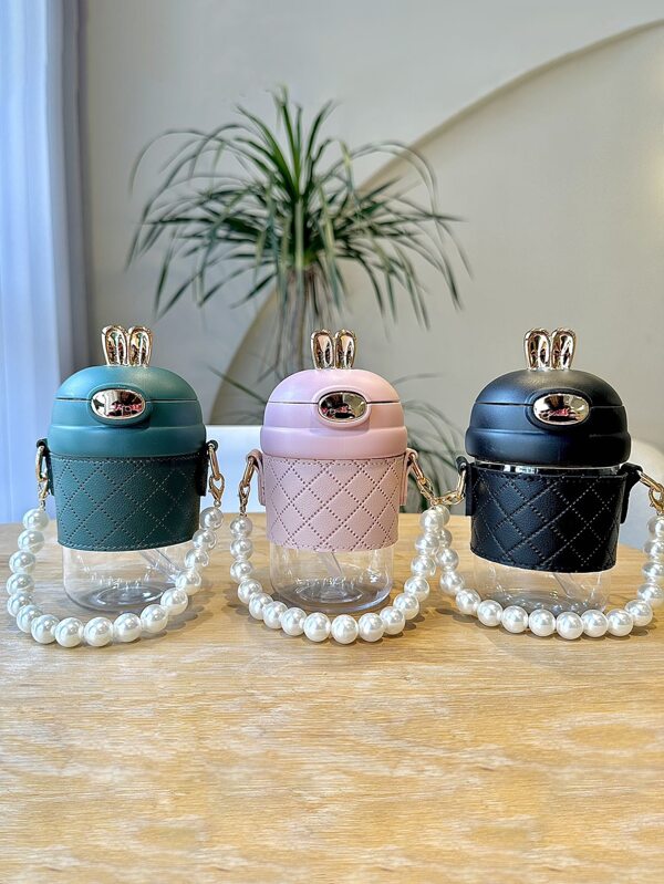 1pc PC Water Bottle, Rabbit Ear Design Fake Pearl Decor Water Bottle
