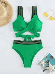 條紋膠帶交叉綁帶夏季沙灘比基尼套裝 - 綠色 - 查看 4