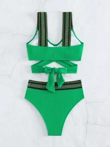 條紋膠帶交叉綁帶夏季沙灘比基尼套裝 - 綠色 - 查看 3