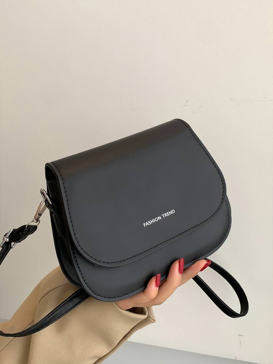 字母圖案馬鞍包,時尚素色斜挎包,小翻蓋錢包適合女士 - 黑色 - 查看 1