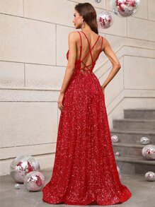 Backless Sequin Floor Length Formal Dress - Red - View 2