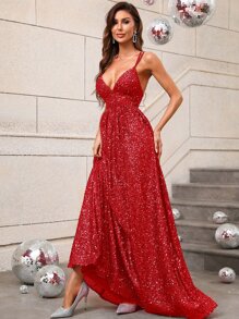 Backless Sequin Floor Length Formal Dress - Red - View 6