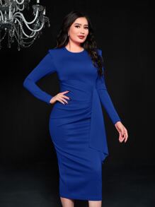 Modelyn Đầm Vắt Xù Chia Dây kéo màu trơn Thanh lịch - Màu xanh lam - Xem 5