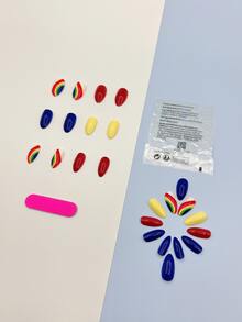 24pcs Long Almond Striped Fake Nail & 1sheet Tape & 1pc Nail File - Multicolor - View 2