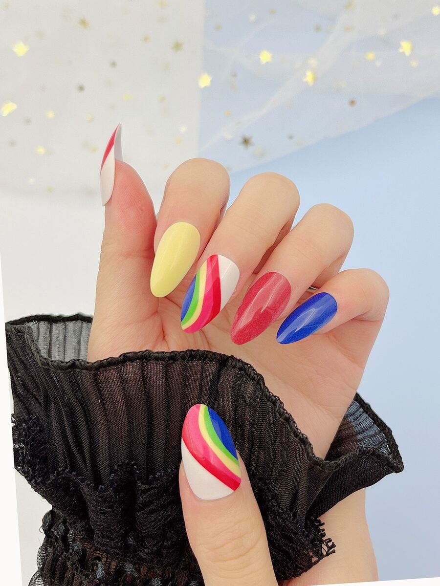 24pcs Long Almond Striped Fake Nail & 1sheet Tape & 1pc Nail File - Multicolor - View 1