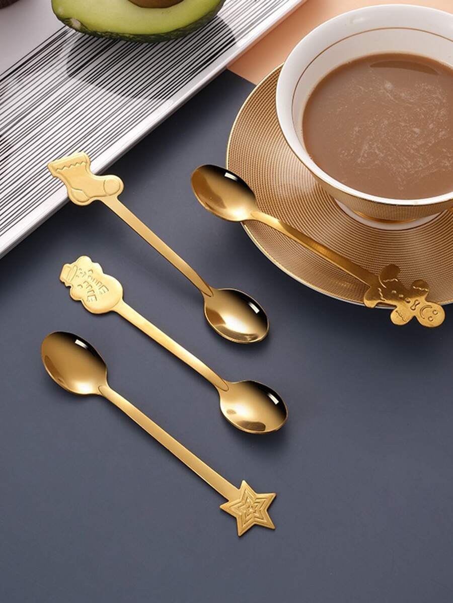 4 piezas Cuchara Navidad pan de jengibre & con diseño de estrella - Dorado - Ver 1