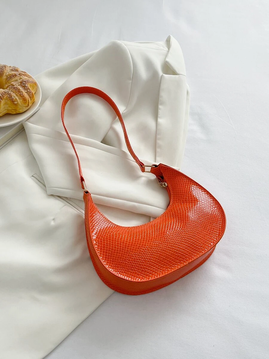 Neon Orange Snakeskin Embossed Hobo Bag - Orange - View 1