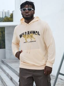 Manfinity Men Plus Letter Graphic Kangaroo Pocket Drawstring Hoodie - Apricot - View 3