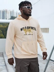 Manfinity Men Plus Letter Graphic Kangaroo Pocket Drawstring Hoodie - Apricot - View 5