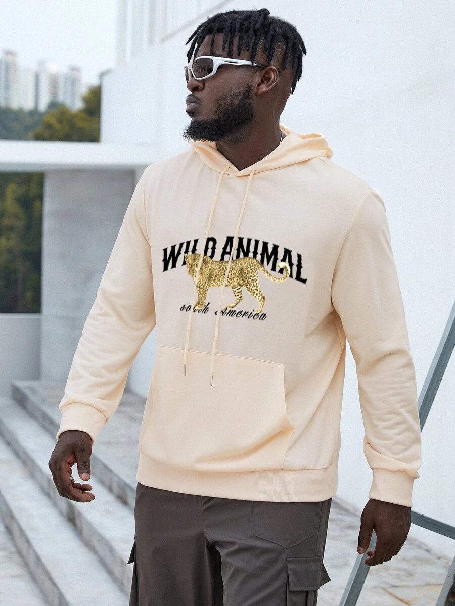 Manfinity Men Plus Letter Graphic Kangaroo Pocket Drawstring Hoodie - Apricot - View 1