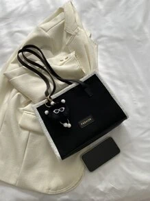 Letter Patch Decor Fuzzy Trim Square Bag - Black - View 5