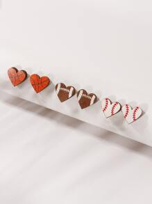 3pairs/Set European & American Vintage Wood Heart, Circle, Basketball, Football & Baseball Shaped Stud Earrings For Women, Festival Gift - Multicolor - View 1