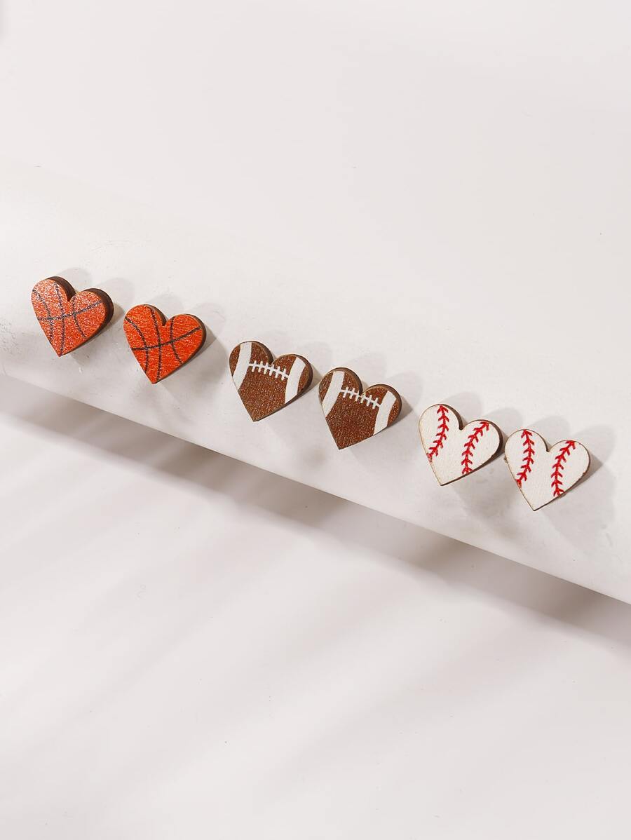 3pairs/Set European & American Vintage Wood Heart, Circle, Basketball, Football & Baseball Shaped Stud Earrings For Women, Festival Gift - Multicolor - View 1