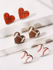 3pairs/Set European & American Vintage Wood Heart, Circle, Basketball, Football & Baseball Shaped Stud Earrings For Women, Festival Gift - Multicolor - View 2