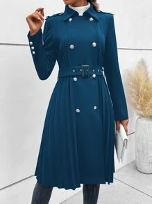 SHEIN LUNE Double Breasted Pleated Hem Belted Trench Coat - Blue - View 1