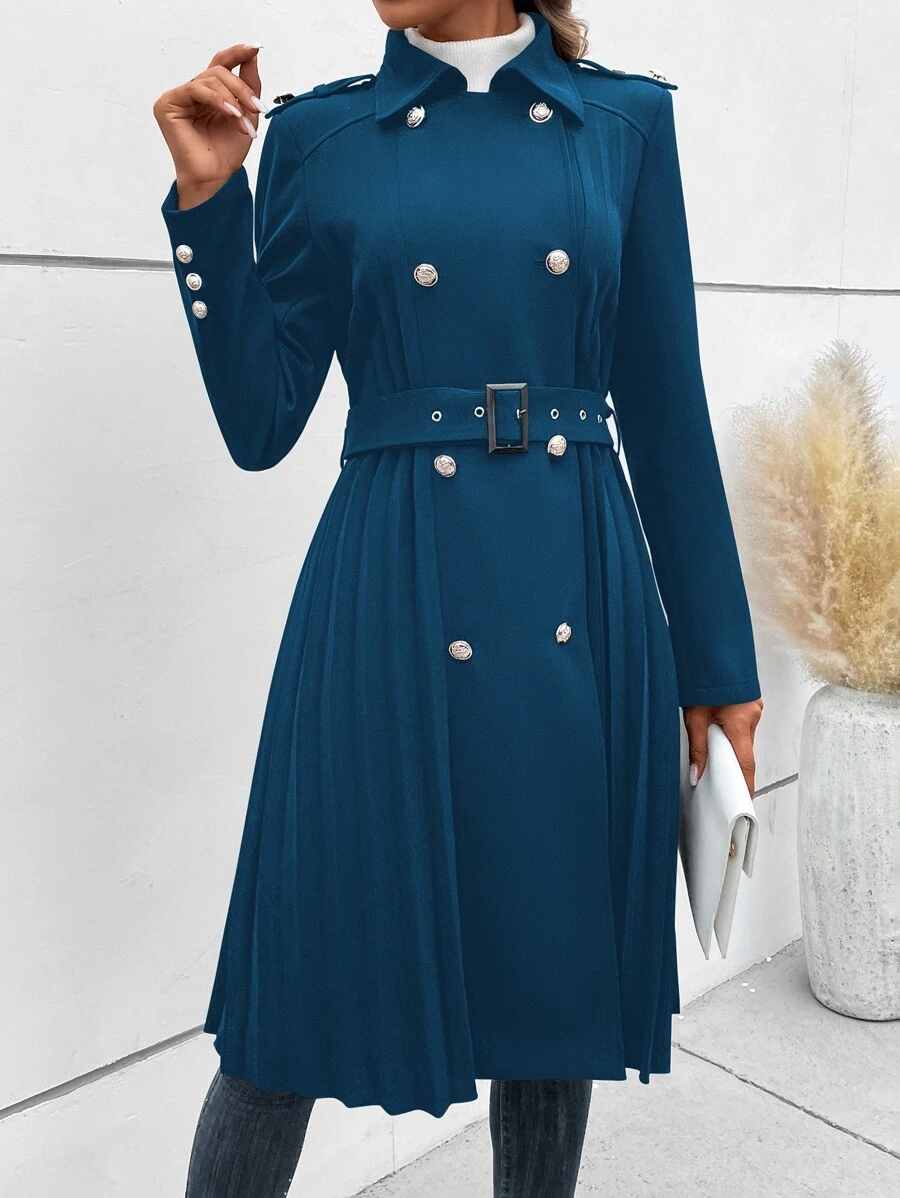 SHEIN LUNE Double Breasted Pleated Hem Belted Trench Coat - Blue - View 1