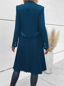 SHEIN LUNE Double Breasted Pleated Hem Belted Trench Coat - Blue - View 2