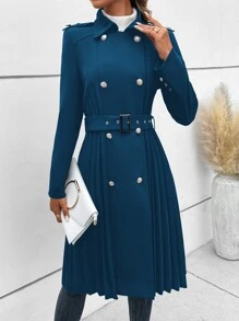 SHEIN LUNE Double Breasted Pleated Hem Belted Trench Coat - Blue - View 3