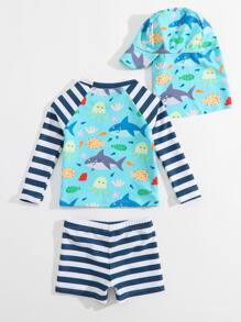 Baby Boy Striped & Cartoon Graphic Beach Swimsuit & Cap - Blue - View 2