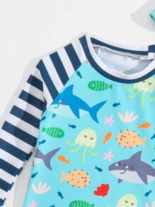 Baby Boy Striped & Cartoon Graphic Beach Swimsuit & Cap - Blue - View 4