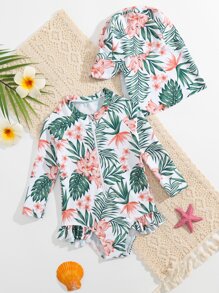 SHEIN Baby Girl Tropical Print Ruffle Hem One Piece Swimsuit With Hat - Multicolor - View 1