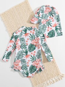 SHEIN Baby Girl Tropical Print Ruffle Hem One Piece Swimsuit With Hat - Multicolor - View 2