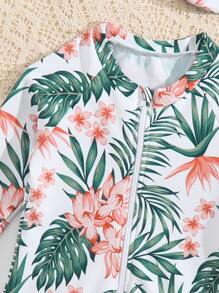 SHEIN Baby Girl Tropical Print Ruffle Hem One Piece Swimsuit With Hat - Multicolor - View 3