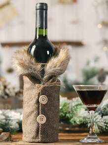 1pc Christmas Fur Collar Wine Bottle Cover, Linen Bottle Bag, Christmas Gifts Decorations - Multicolor - View 2