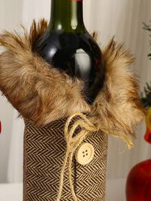 1pc Christmas Fur Collar Wine Bottle Cover, Linen Bottle Bag, Christmas Gifts Decorations - Multicolor - View 4