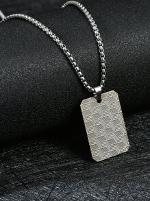 Men Chinese Character Pattern Square Pendant Necklace - Silver - View 2