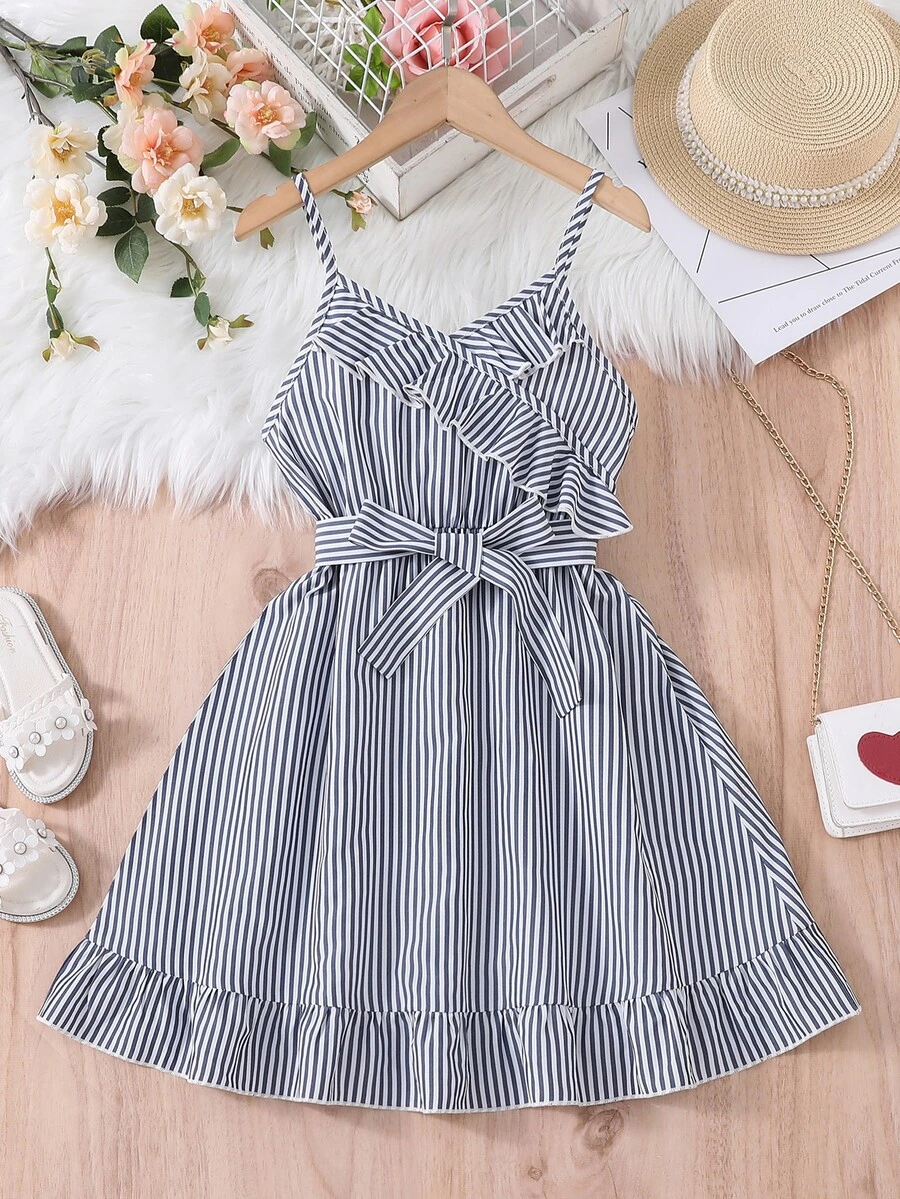 Chicas Vestido de tirantes con estampado de rayas ribete con fruncido bajo con fruncido con cinturón - Azul y blanco - Ver 1
