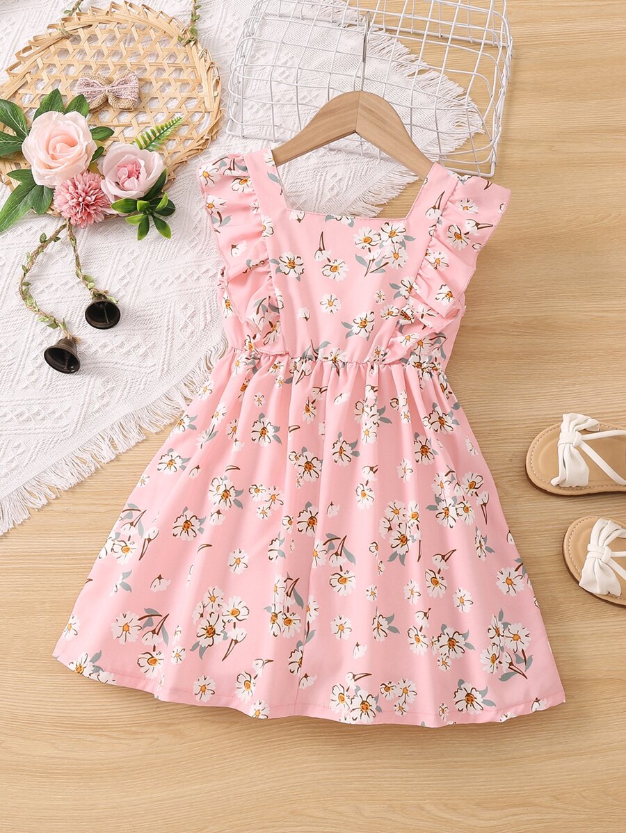 Niñas Vestido con estampado floral ribete con fruncido - Rosa - Ver 1