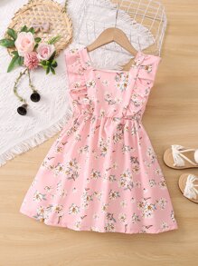 Niñas Vestido con estampado floral ribete con fruncido - Rosa - Ver 2