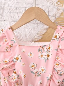 Niñas Vestido con estampado floral ribete con fruncido - Rosa - Ver 3