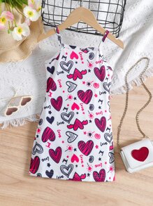 SHEIN 女小童白色簡約風愛心圖案休閒細肩帶洋裝適合夏天